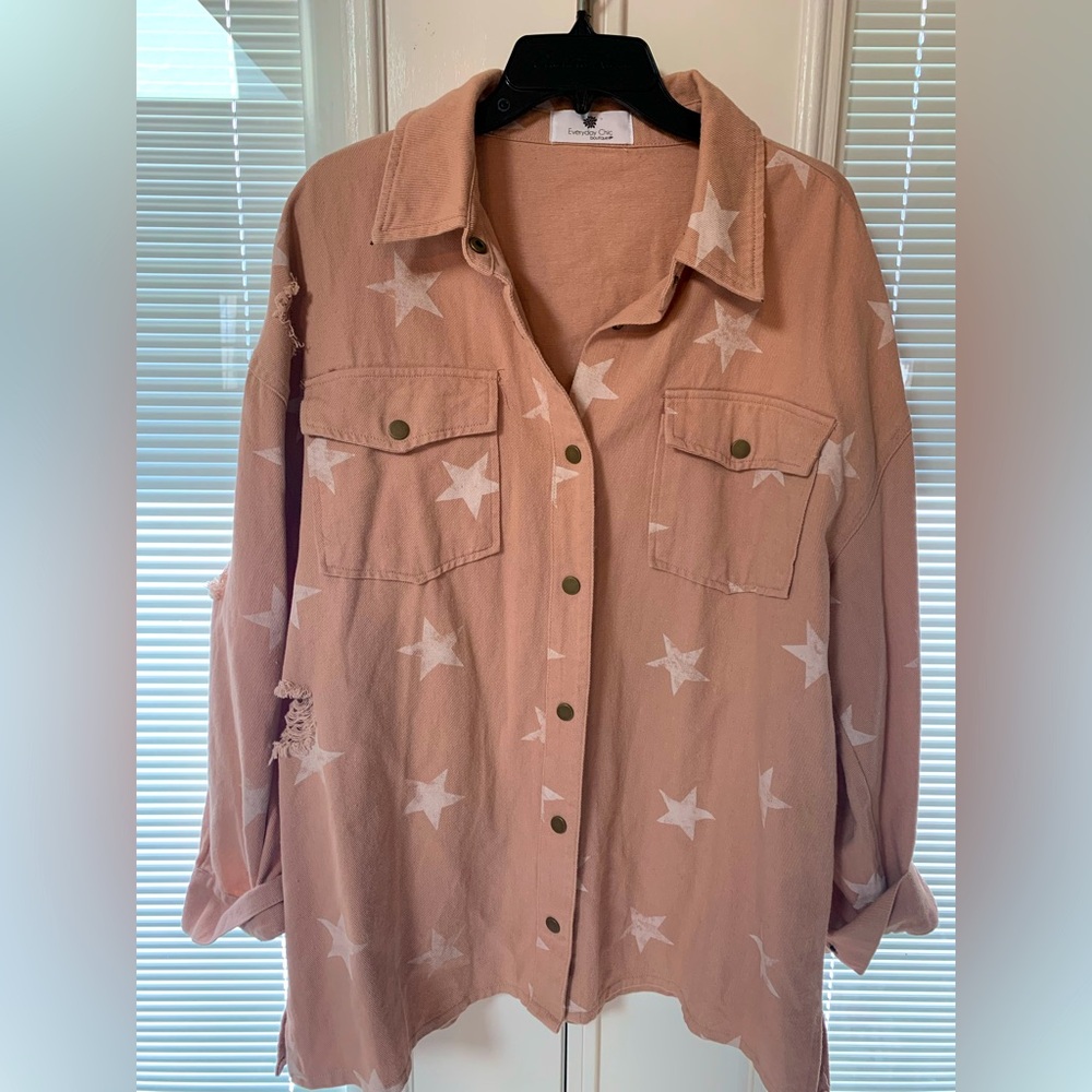 Boutique-purchased Light Pink Denim Shacket with White Stars. Women’s XL.